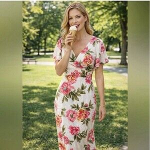 White Closet Elements Floral Print Flutter Short Sleeve Maxi Dress Size Medium
